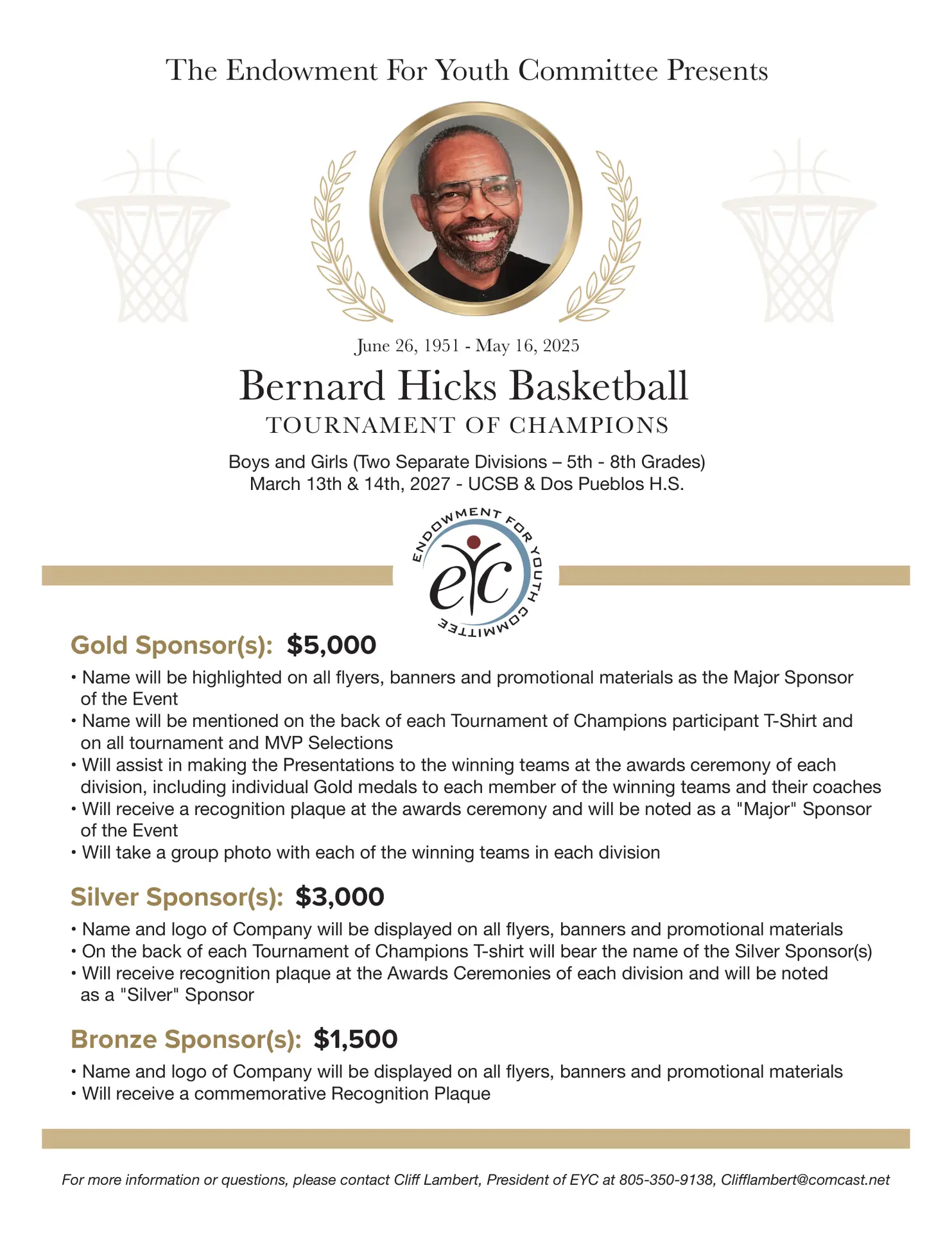 Bernard Hicks Basketball Tournament of Champions flyer: March 13-14, 2027 at UCSB and Dos Pueblos H.S., boys and girls divisions, grades 5-8, with Gold, Silver and Bronze sponsorship levels